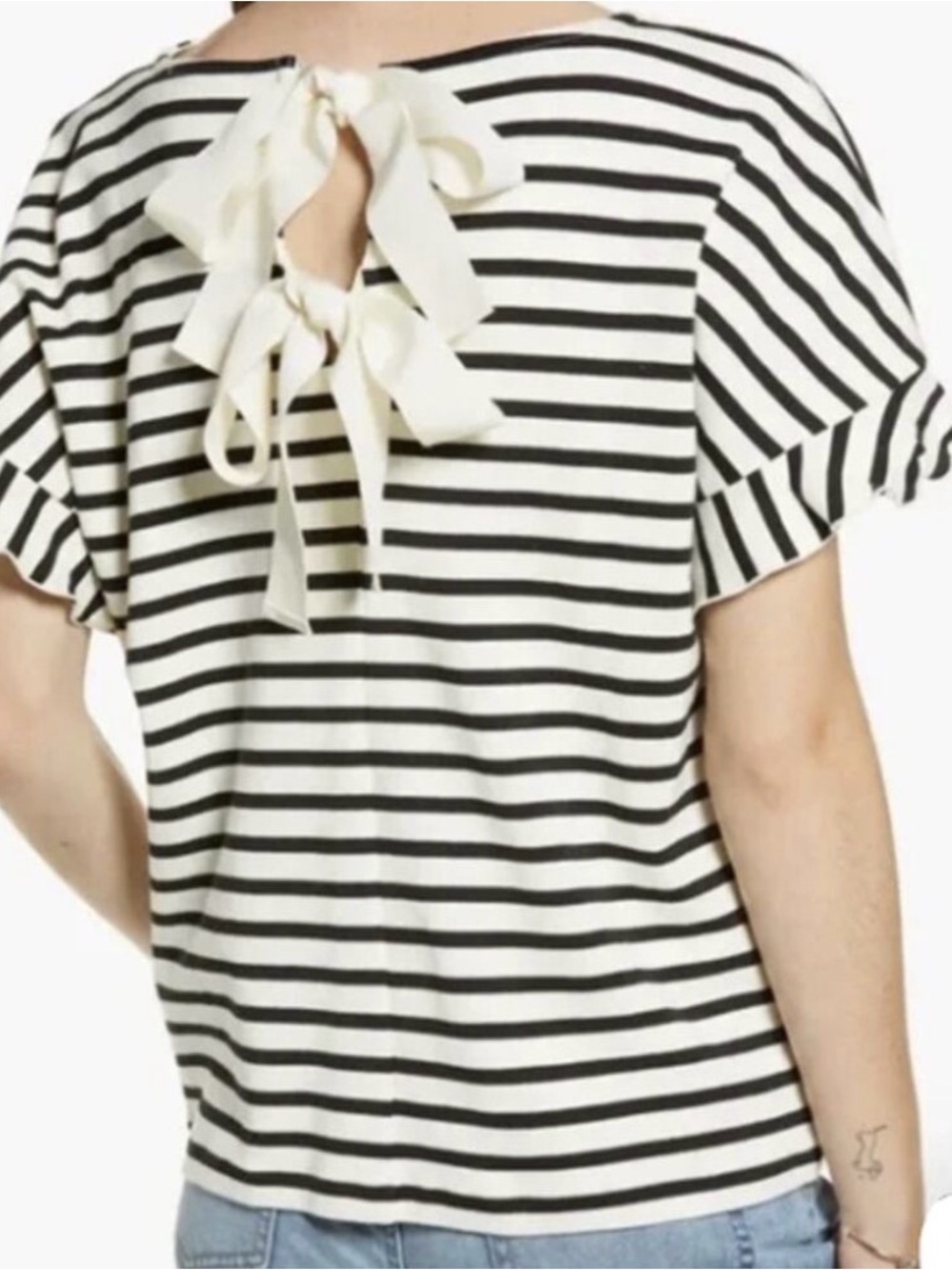 Rachel Parcell Black & White Striped Ruffle Sleeve Top with Ribbon Ties